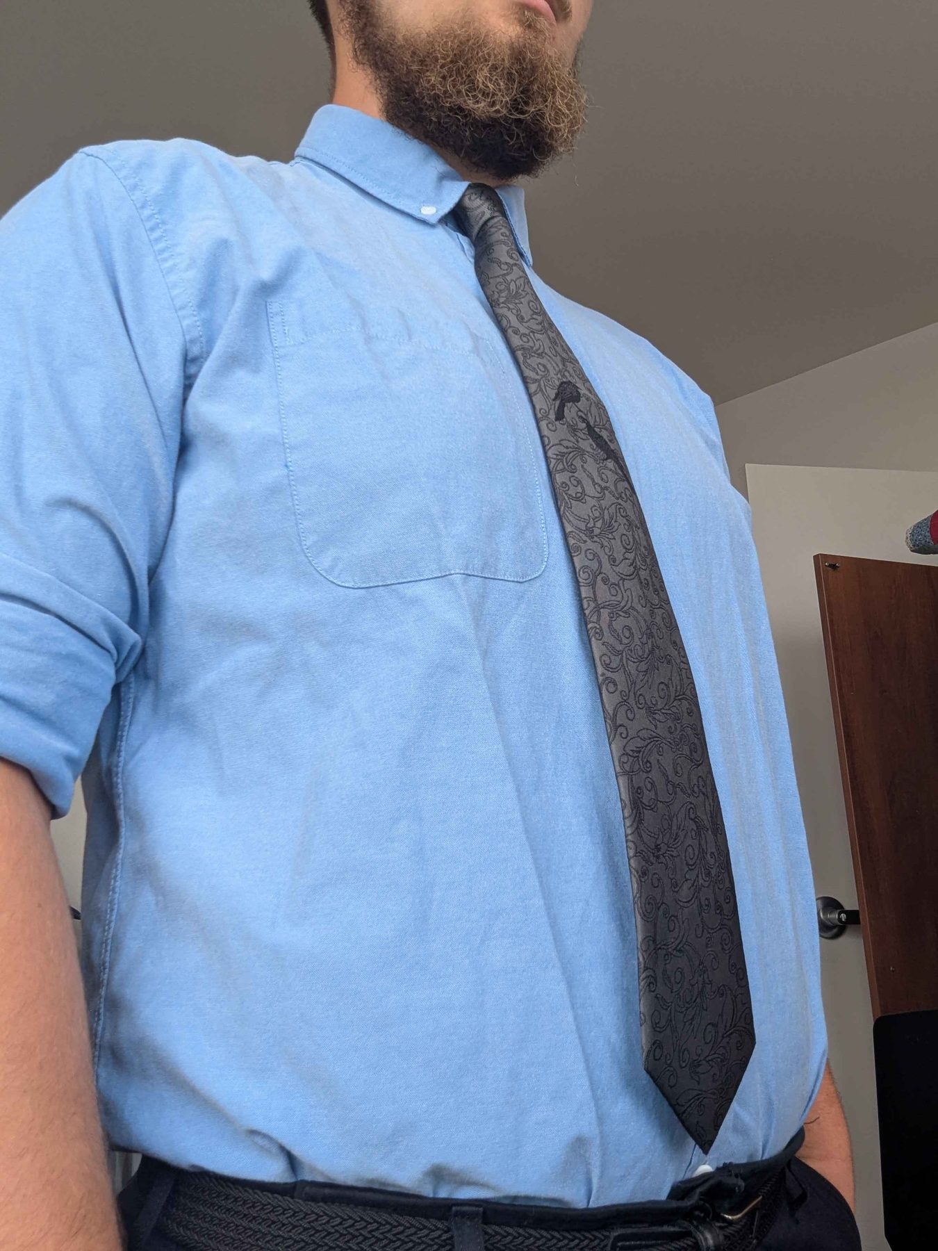 Prototype necktie worn with a light blue shirt